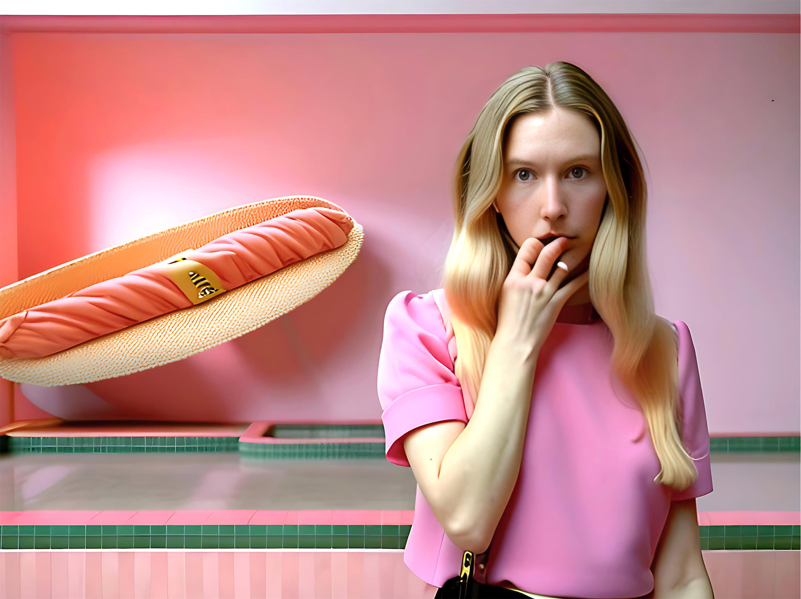 Blonde girl smelling a hot dog from afar