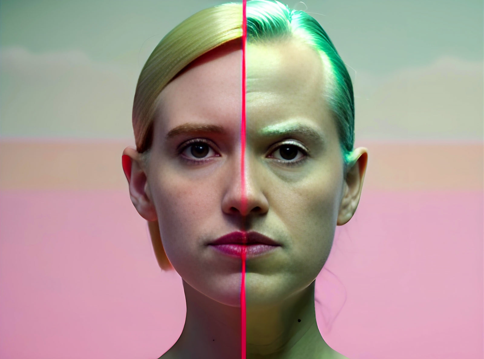 Face portrait of a woman split into two; the left side is before aging and the right side is after.