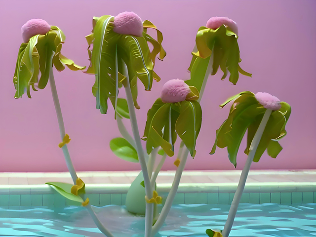 An arrange of withering green flowers appears over a pink background. The flowers appear this way due to dehydration.