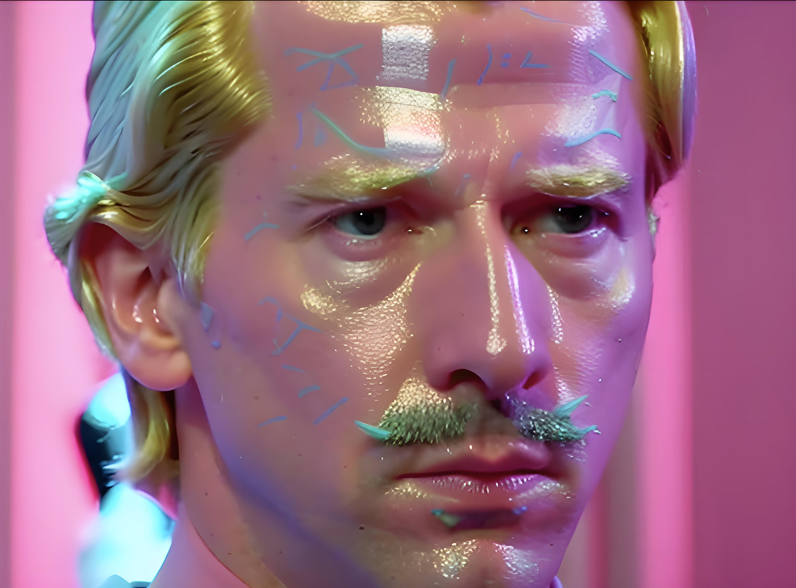 Middle aged man looking at something very seriously. His face is glossy, showing some wrinkles and a blue mustache.